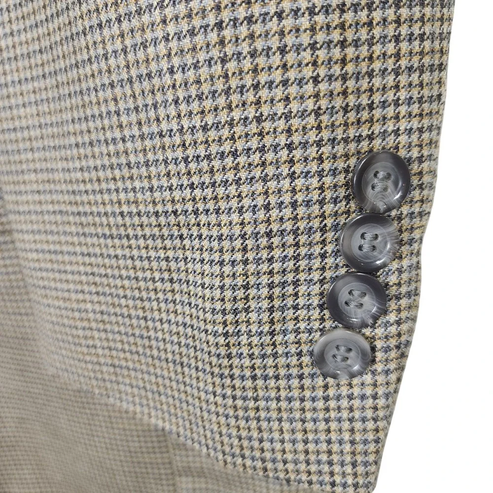 Andrew Fezza Houndstooth Blazer 46S Tan Blue Silk Wool Sport Coat Casual Vintage